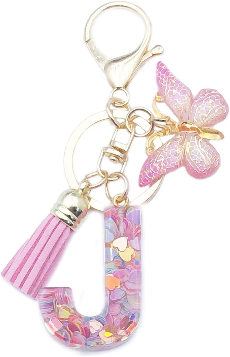 Keychain with letter 'J' and butterfly charm